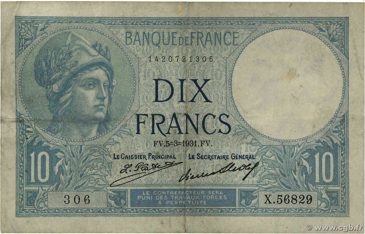 10 Francs MINERVE FRANCE  1931 F.06.15 TB