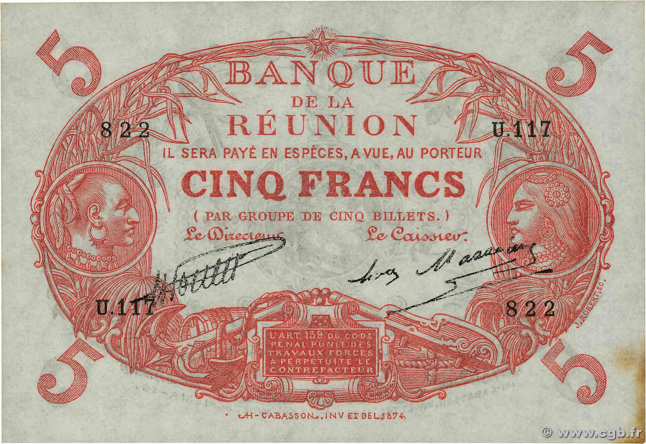 5 Francs Cabasson rouge ÎLE DE LA RÉUNION  1930 P.14 SUP+