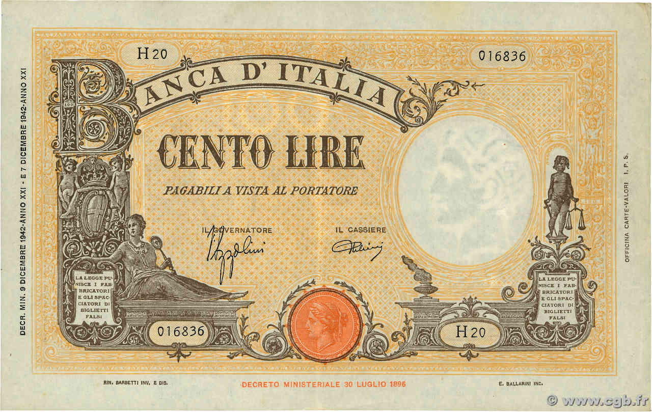 100 Lire ITALY  1942 P.059 VF+