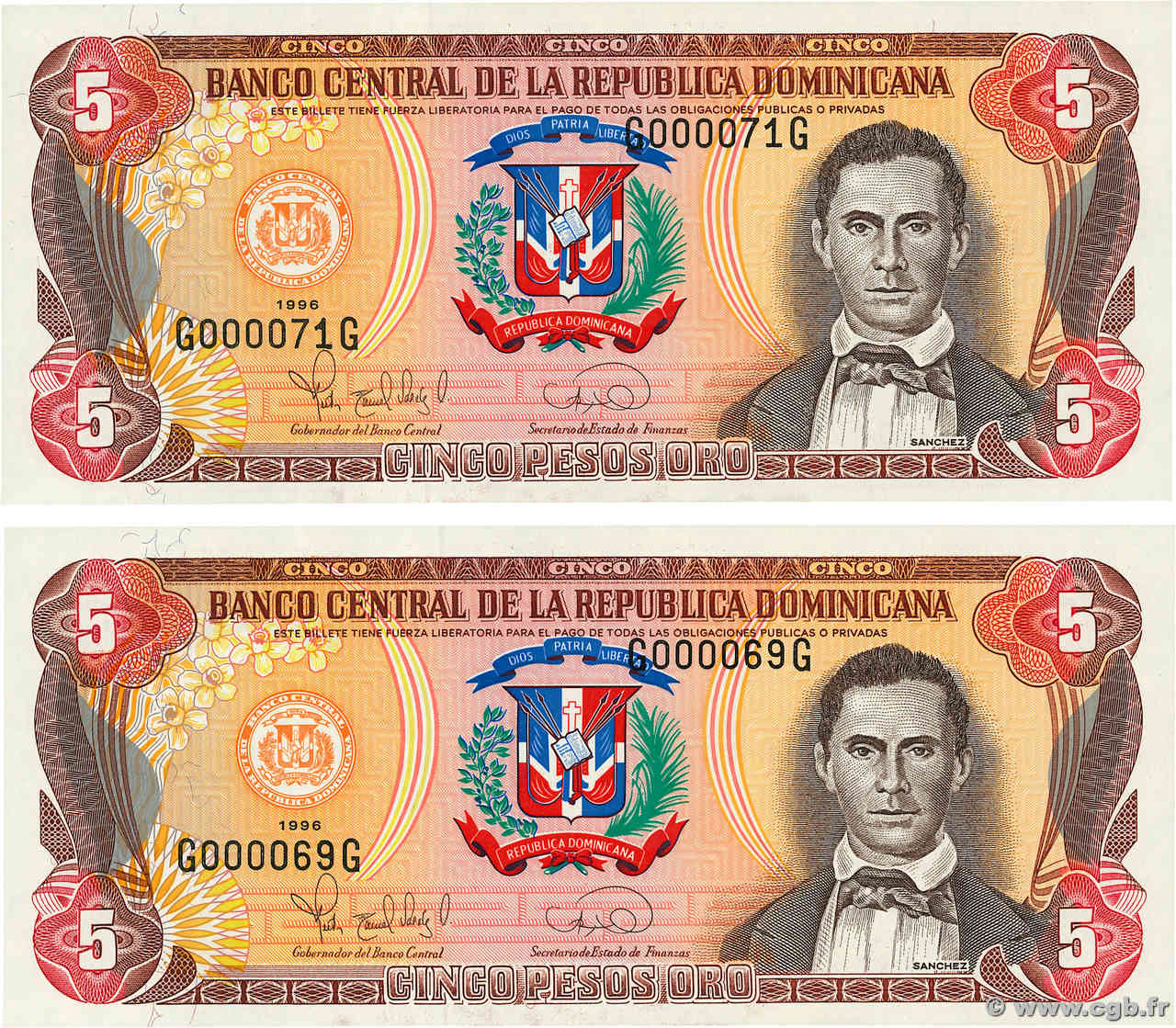 5 Pesos Oro Petit numéro RÉPUBLIQUE DOMINICAINE  1996 P.152a FDC