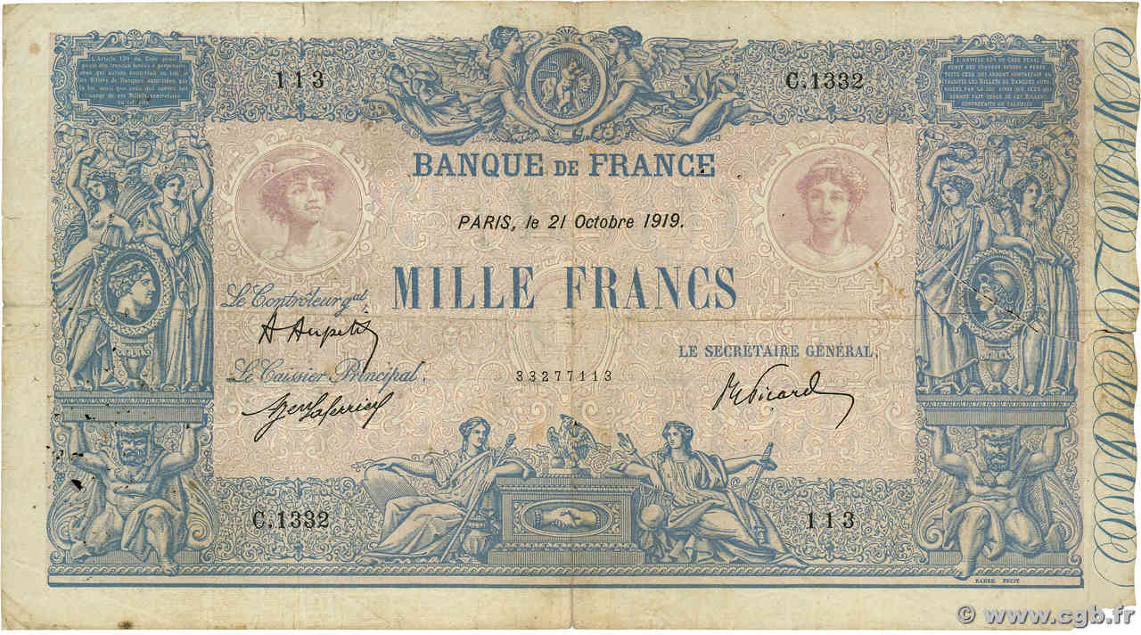 1000 Francs BLEU ET ROSE FRANCE  1919 F.36.34 B+