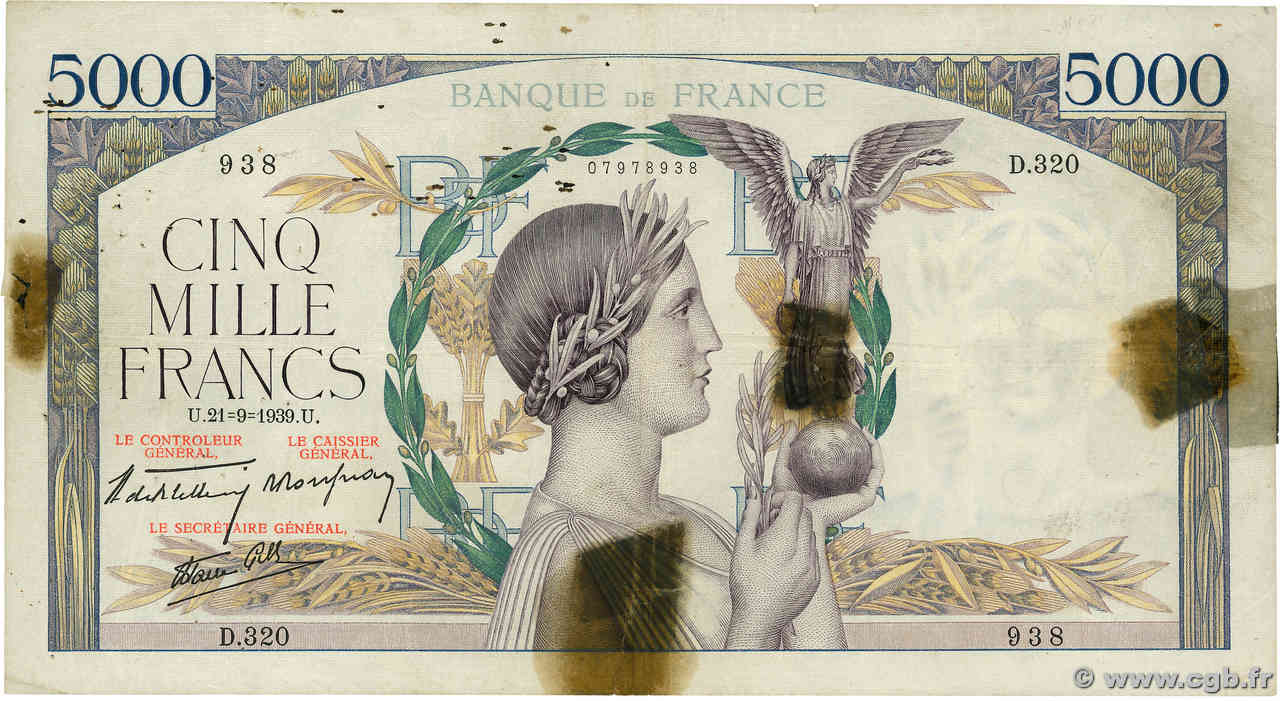 5000 Francs VICTOIRE Impression à plat FRANKREICH  1939 F.46.11 SGE