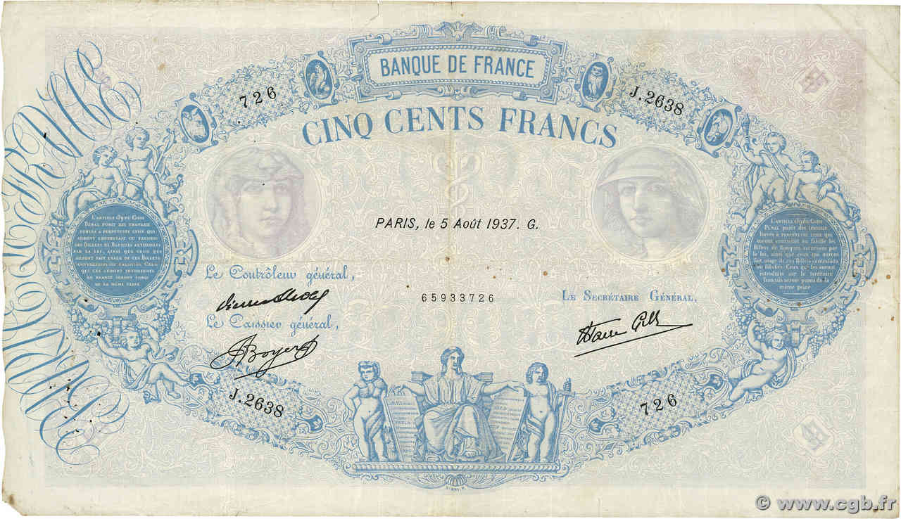 500 Francs BLEU ET ROSE modifié FRANCE  1937 F.31.01 F-