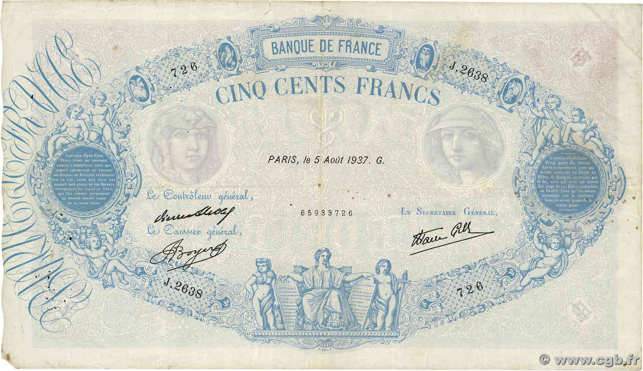 500 Francs BLEU ET ROSE modifié FRANCE  1937 F.31.01 pr.TB