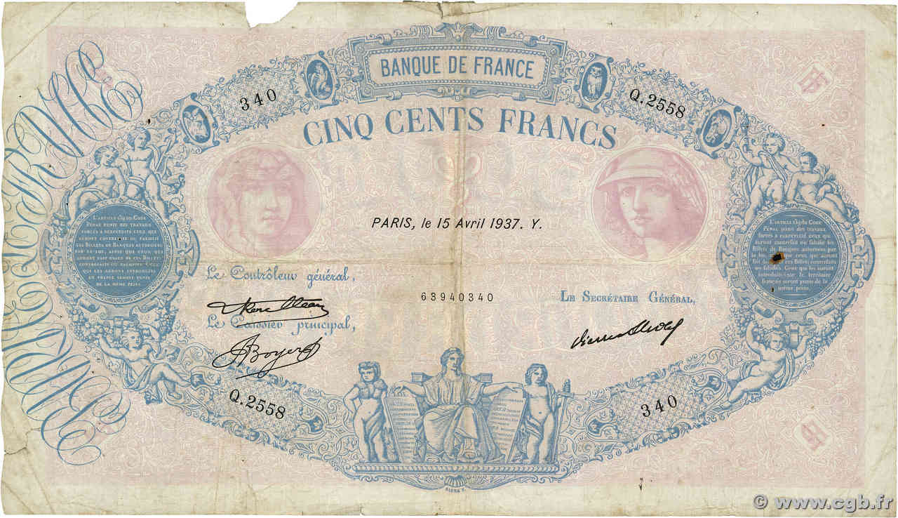 500 Francs BLEU ET ROSE FRANCE  1937 F.30.38 G