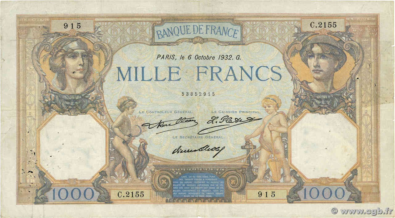 1000 Francs CÉRÈS ET MERCURE FRANCE  1932 F.37.07 B+