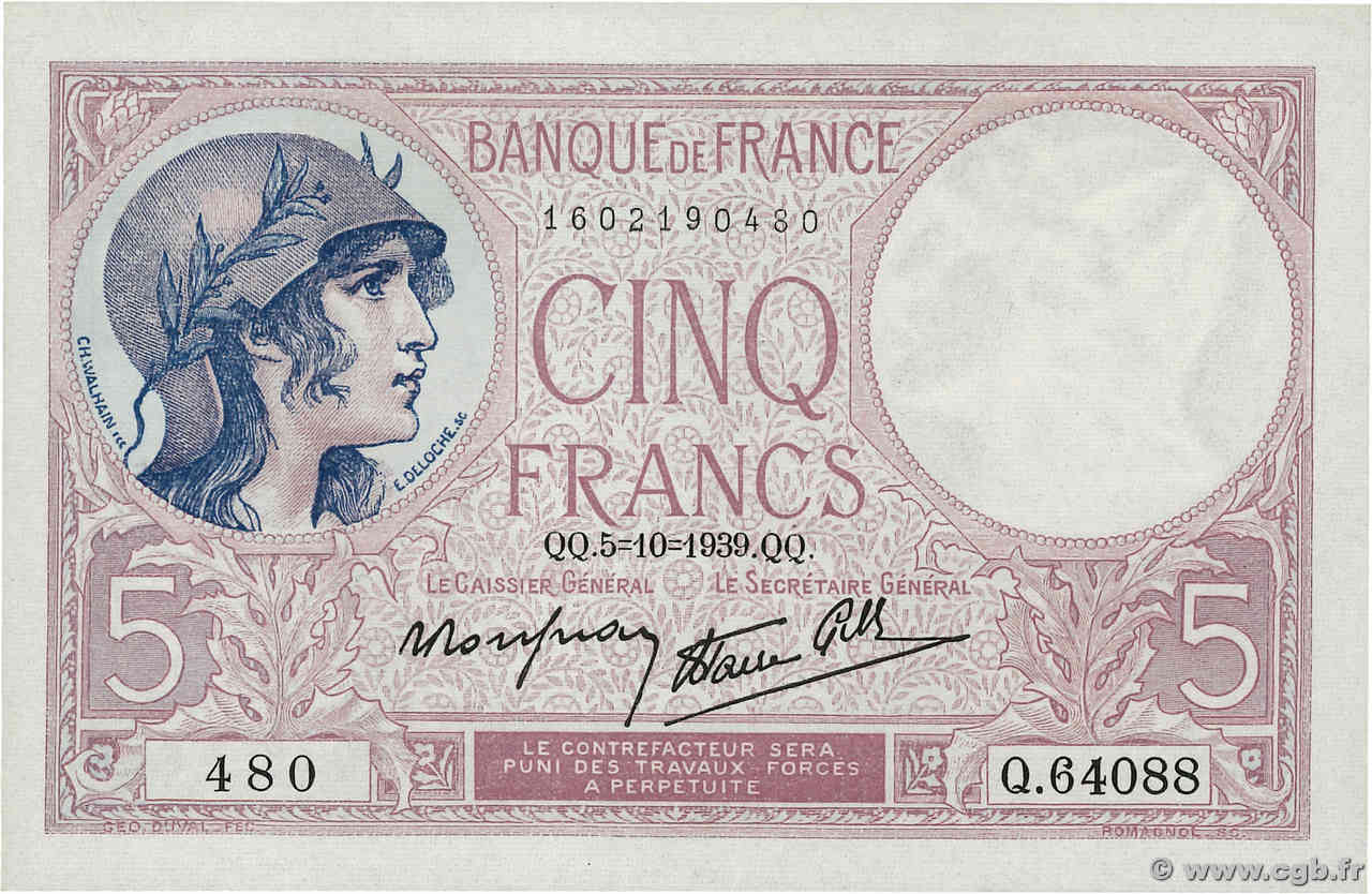 5 Francs FEMME CASQUÉE modifié FRANKREICH  1939 F.04.11 VZ