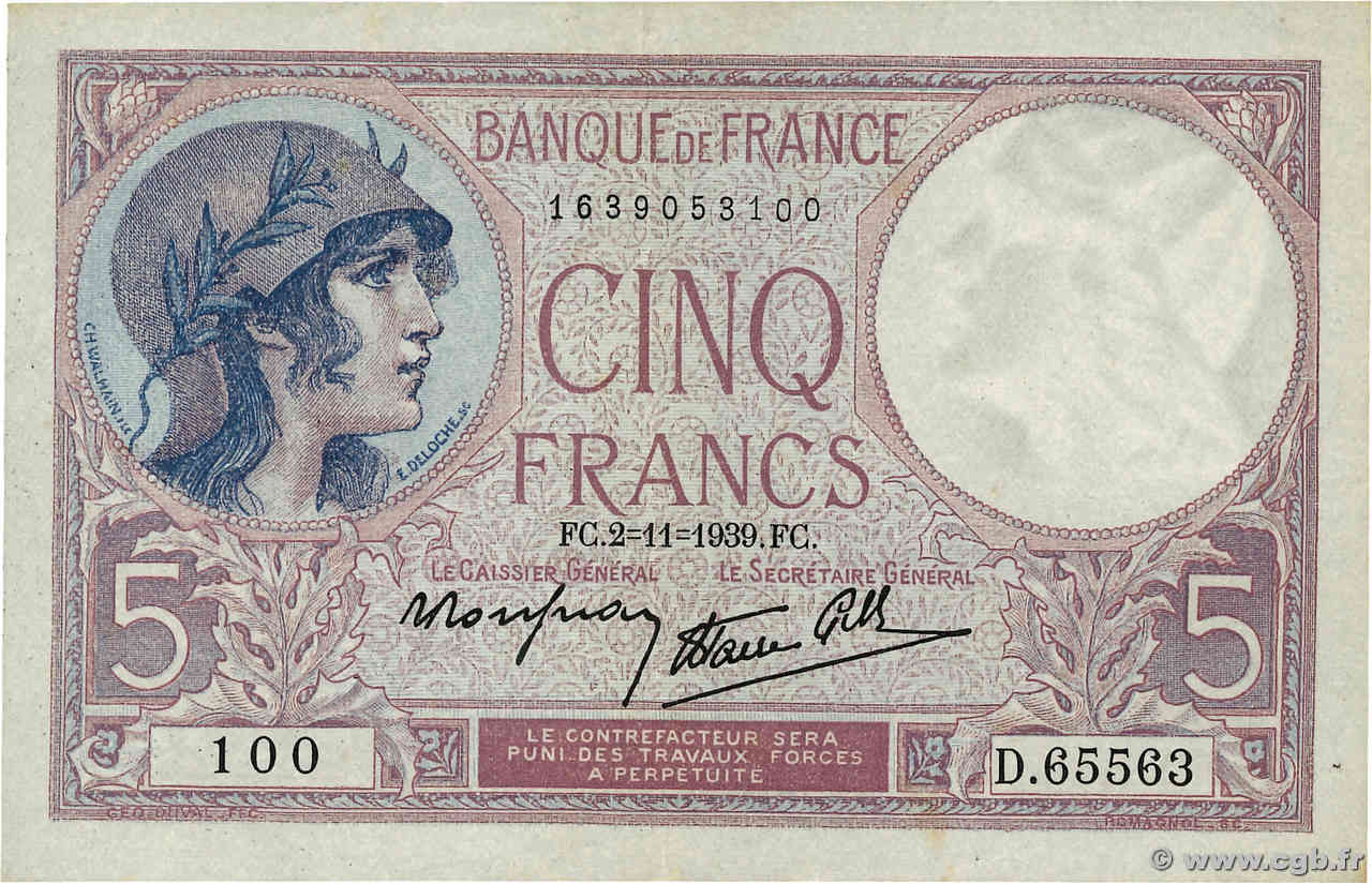 5 Francs FEMME CASQUÉE modifié FRANCIA  1939 F.04.14 q.SPL