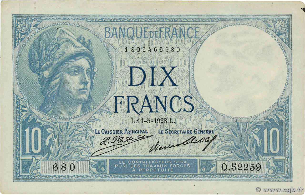 10 Francs MINERVE FRANKREICH  1928 F.06.13 fVZ