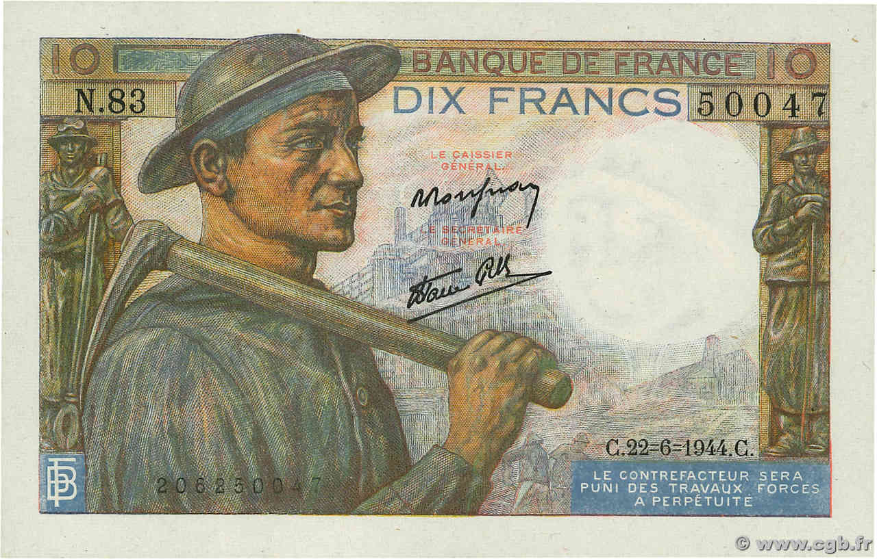 10 Francs MINEUR FRANCE  1944 F.08.12 UNC