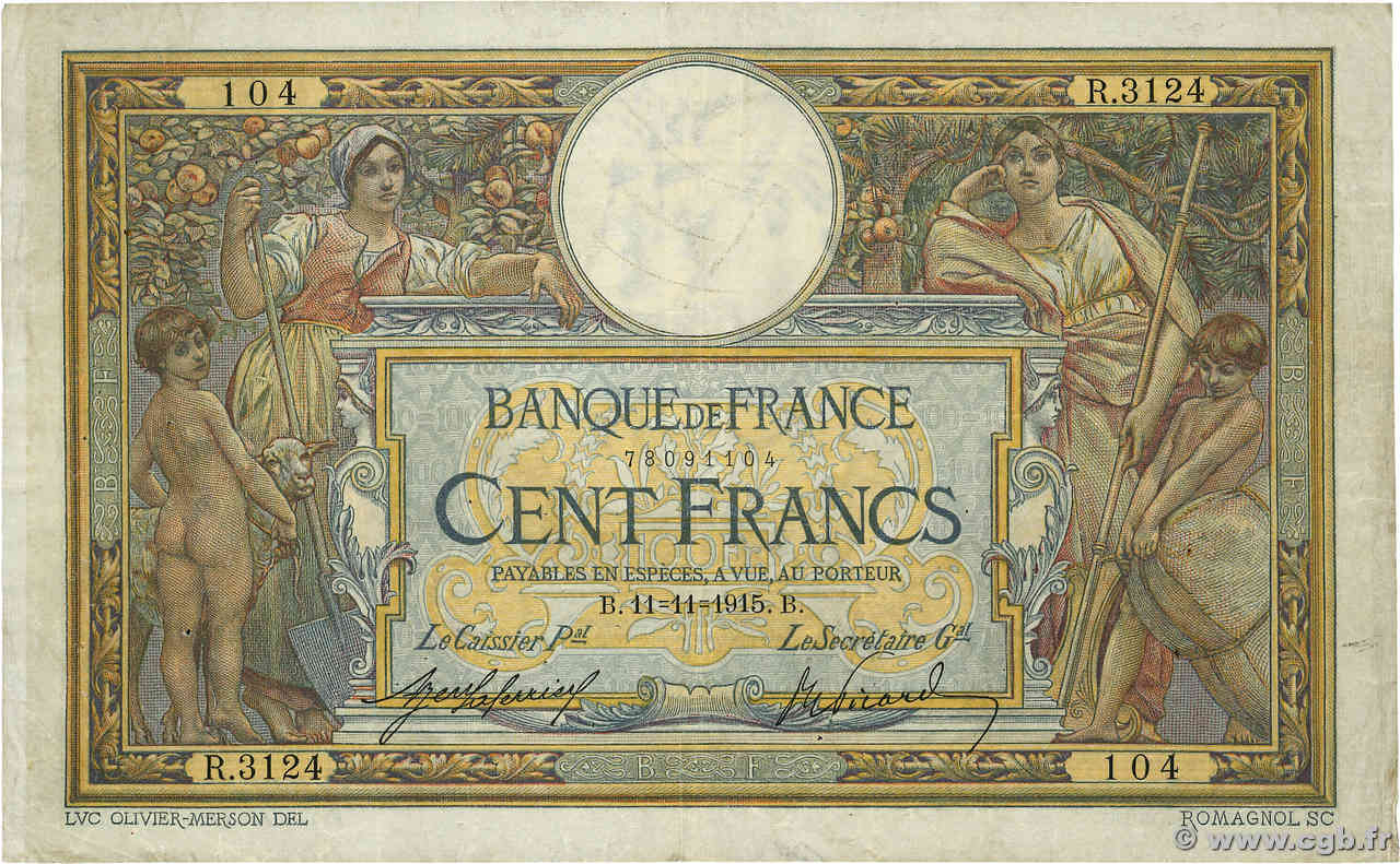 100 Francs LUC OLIVIER MERSON sans LOM FRANCE  1915 F.23.07 VG