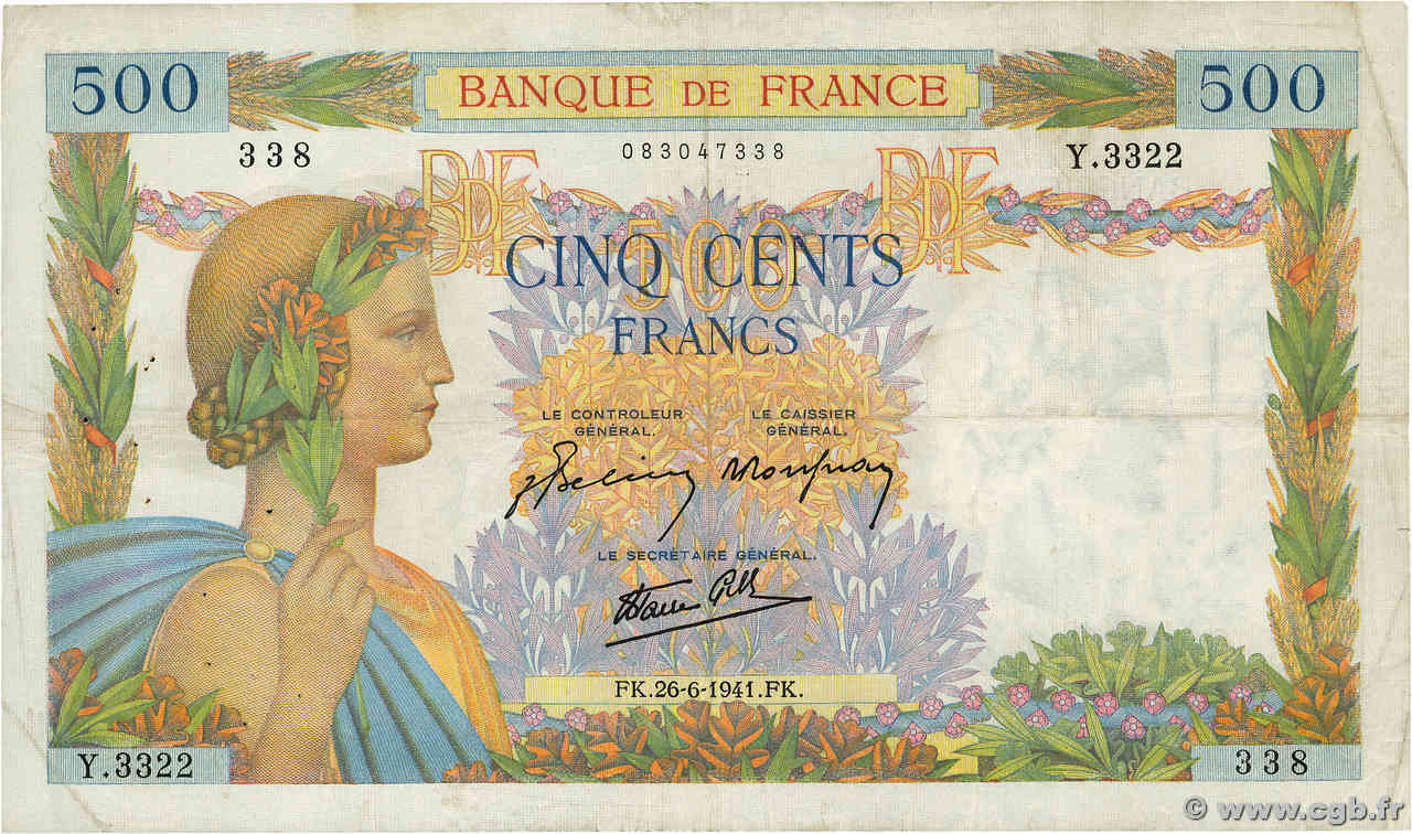 500 Francs LA PAIX FRANKREICH  1941 F.32.19 fSS