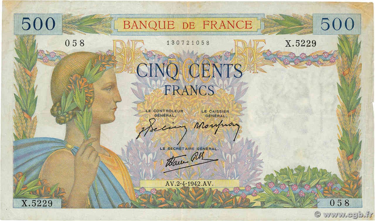 500 Francs LA PAIX FRANCE  1942 F.32.33 VF-