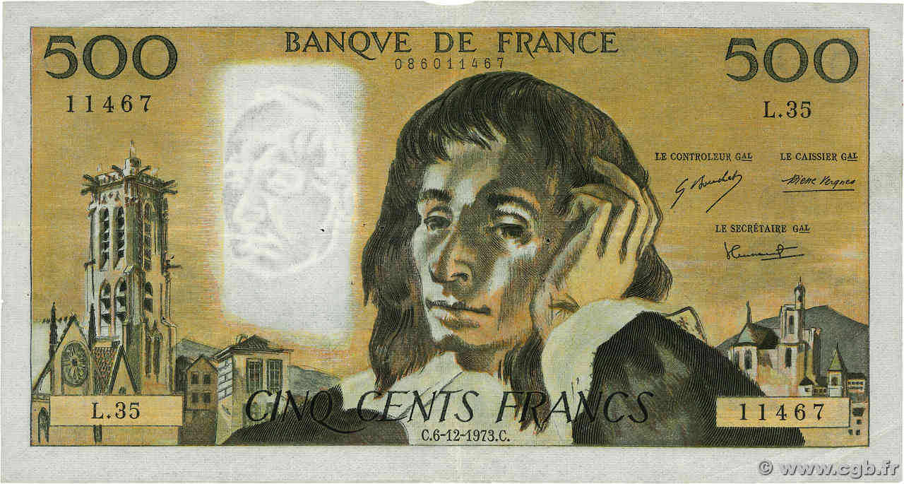 500 Francs PASCAL FRANCE  1973 F.71.10 F+