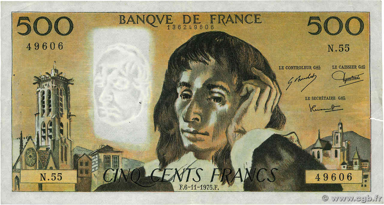 500 Francs PASCAL FRANCE  1975 F.71.13 F+