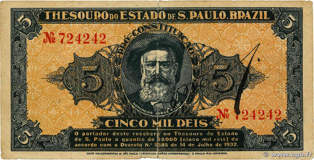 5 Mil Reis BRÉSIL São  Paulo
 1932 PS.861b TB