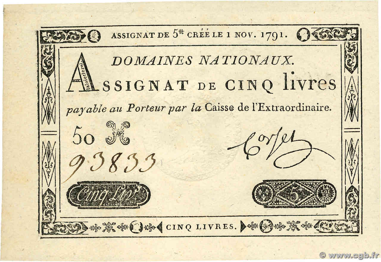 5 Livres FRANCE  1791 Ass.20a NEUF
