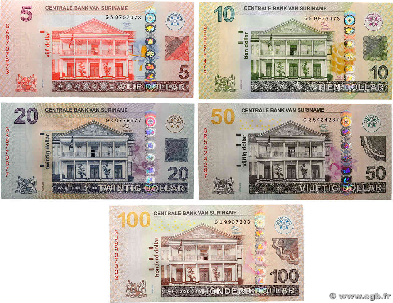 5 au 100 Dollars Lot SURINAM  2012 P.162 au P.166 fST+