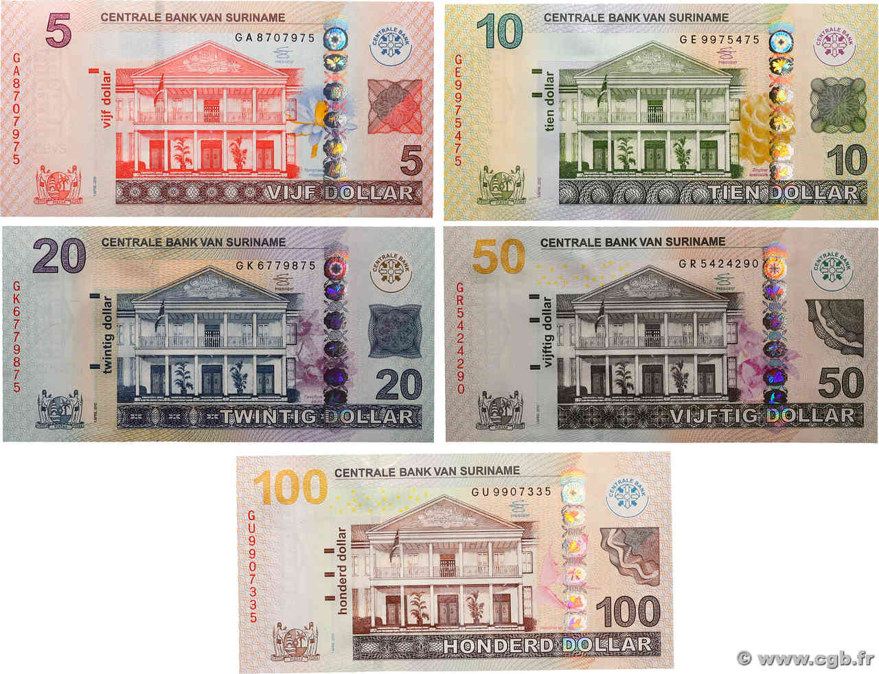 5 au 100 Dollars Lot SURINAM  2012 P.162 au P.166 UNC-