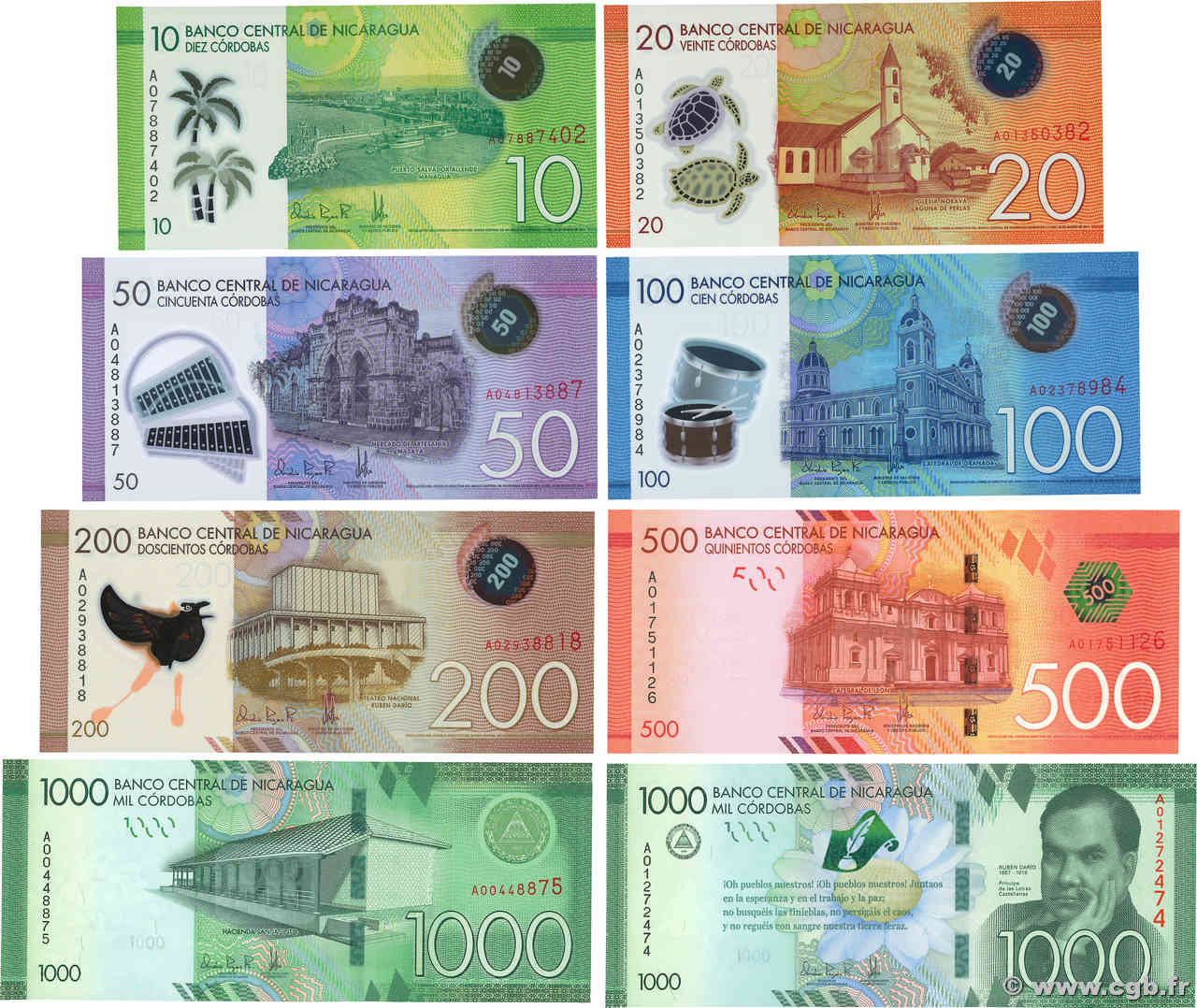 10 au 1000 Cordobas Lot NICARAGUA  2014 P.209a au P.216 UNC