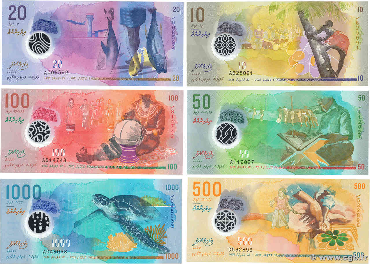 10 au 1000 Rufiyaa Lot MALDIVAS  2015 P.26 au P.31 FDC