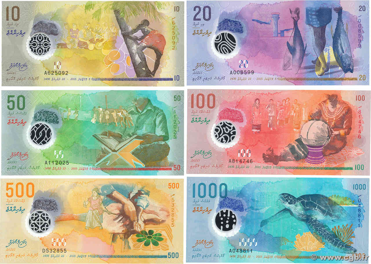 10 au 1000 Rufiyaa Lot MALDIVES  2015 P.26 au P.31 NEUF