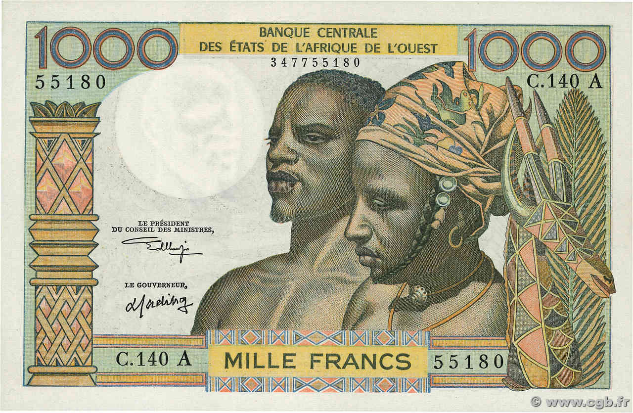 1000 Francs WEST AFRICAN STATES  1973 P.103Aj XF+