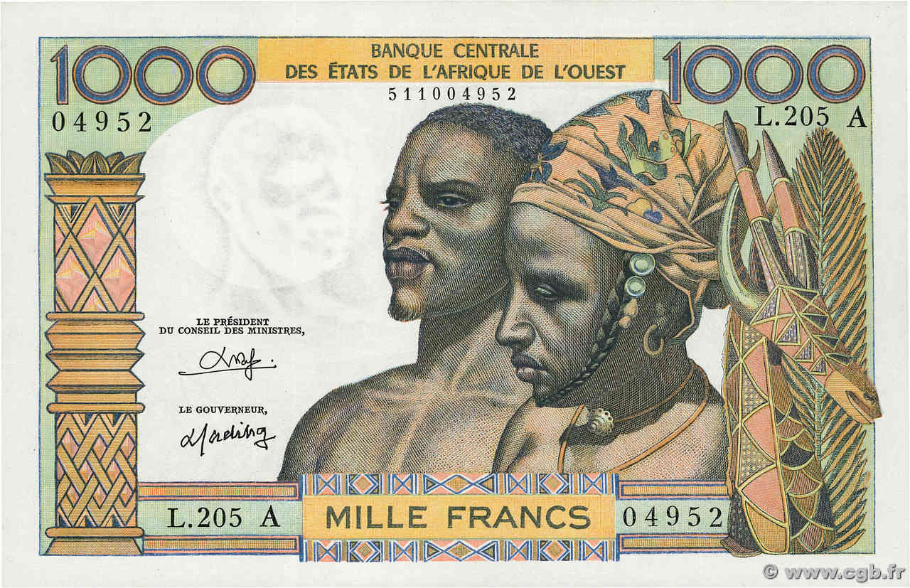 1000 Francs STATI AMERICANI AFRICANI  1973 P.103Ak q.FDC