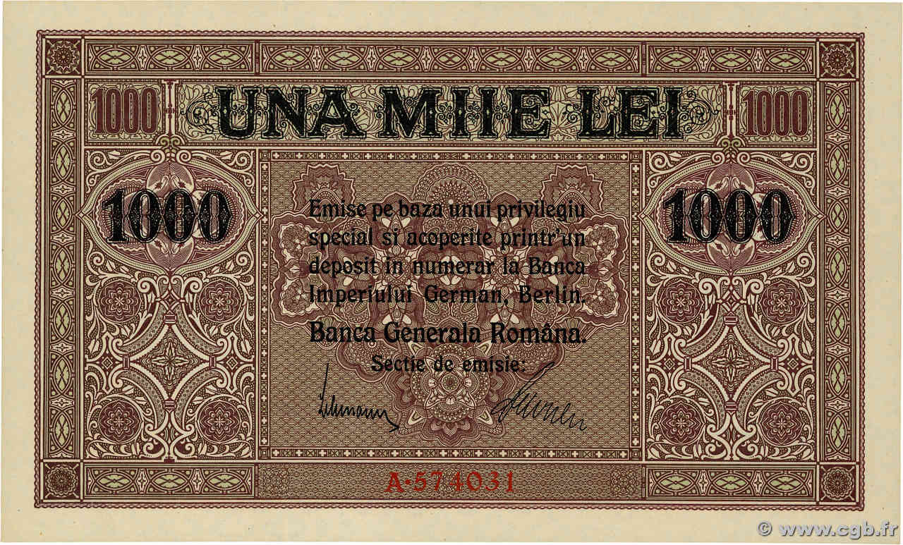 1000 Lei RUMÄNIEN  1917 P.M08 fST+