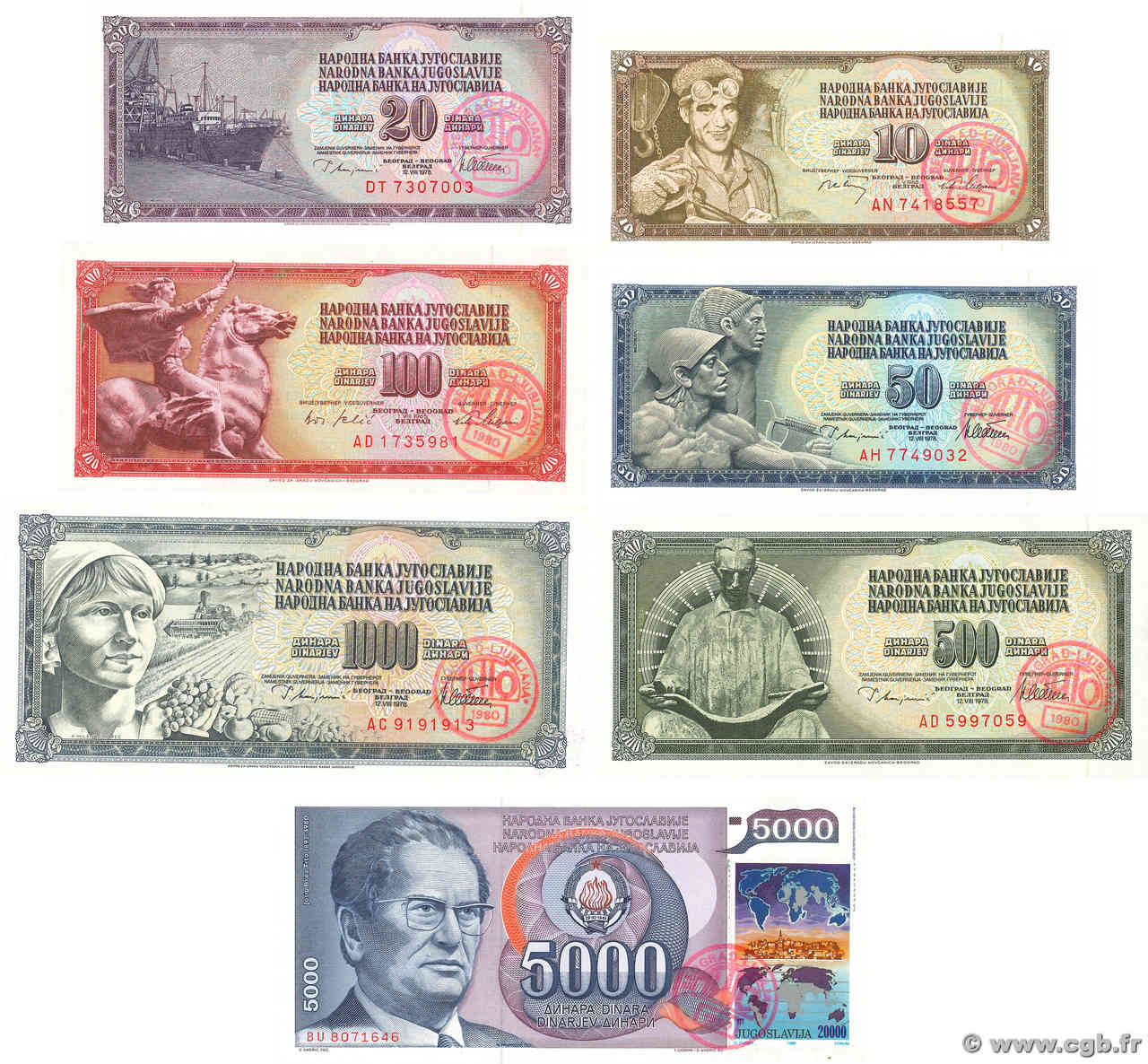 10 au 5000 Dinara Lot YUGOSLAVIA  1980 P.087 au P.093 UNC-