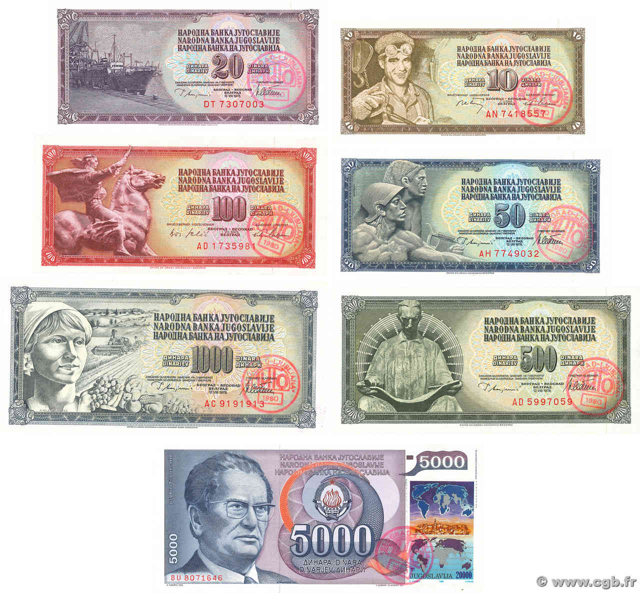 10 au 5000 Dinara Lot YOUGOSLAVIE  1980 P.087 au P.093 pr.NEUF