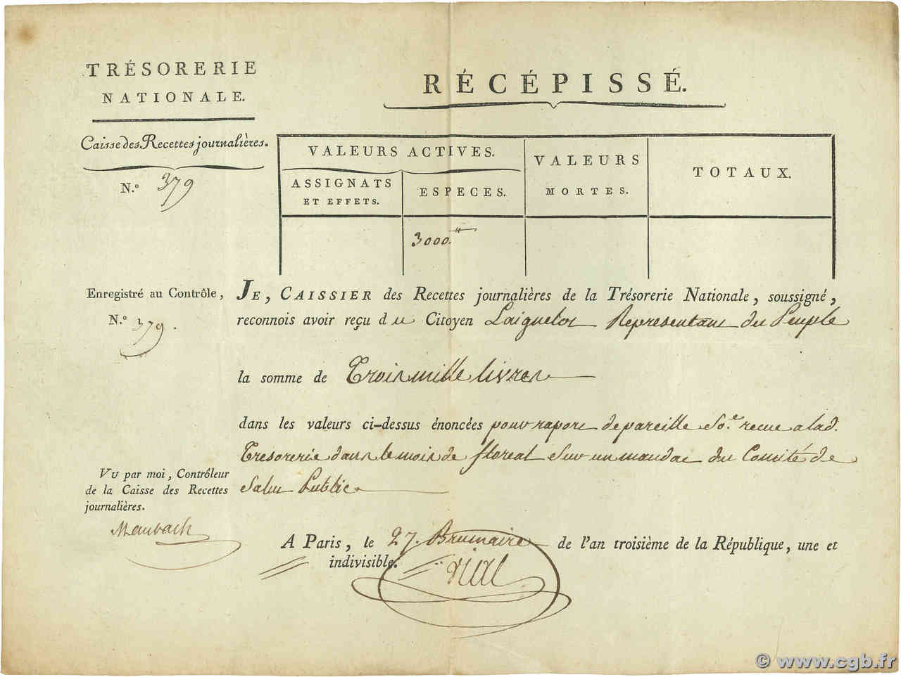3000 Livres FRANCE  1794  VF