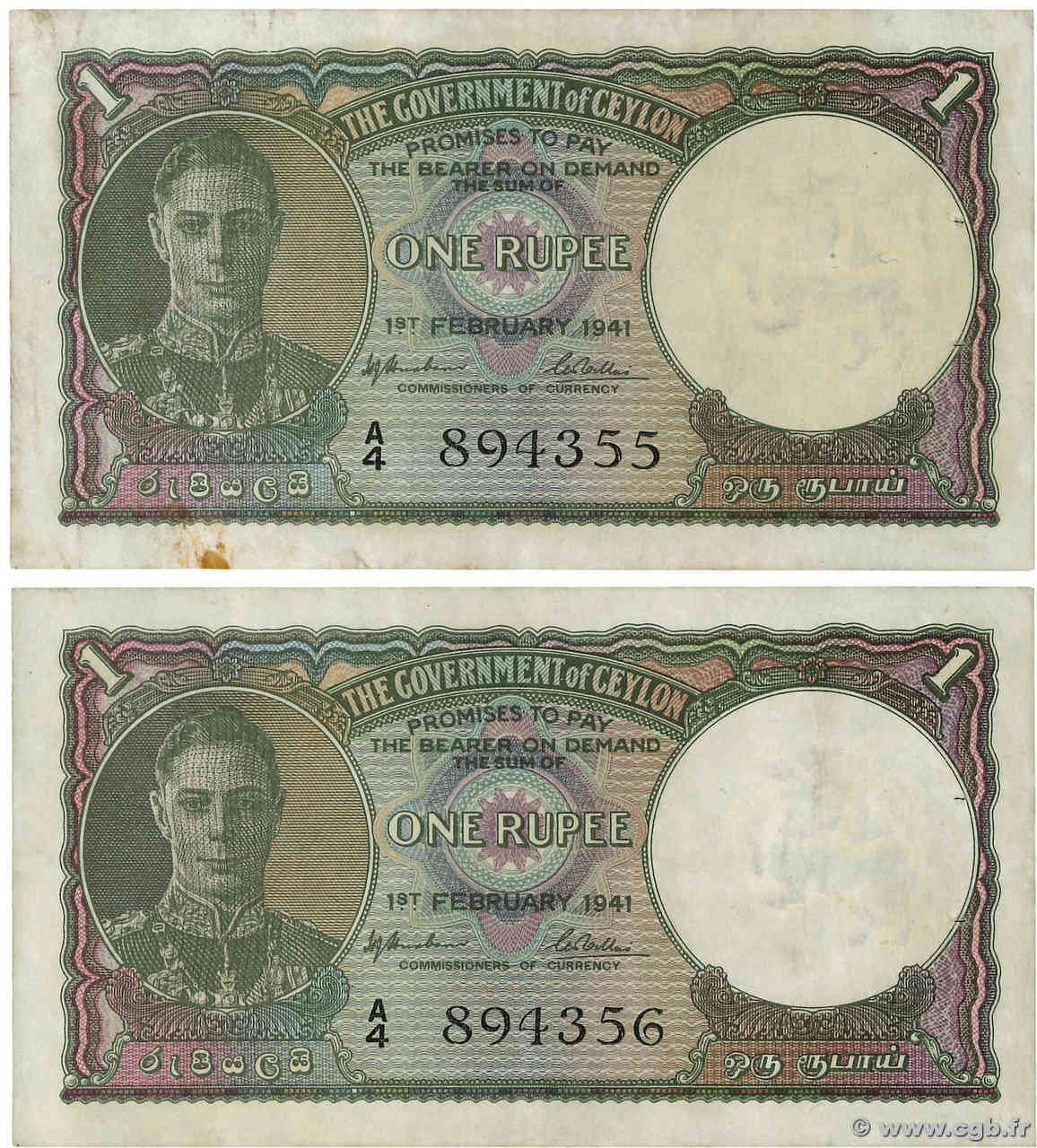 1 Rupee Lot CEYLON  1941 P.030 XF+