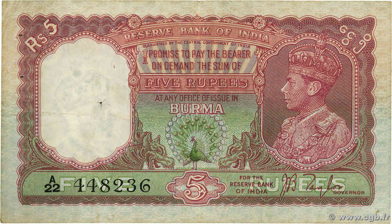 5 Rupees BURMA (SEE MYANMAR)  1938 P.04 F