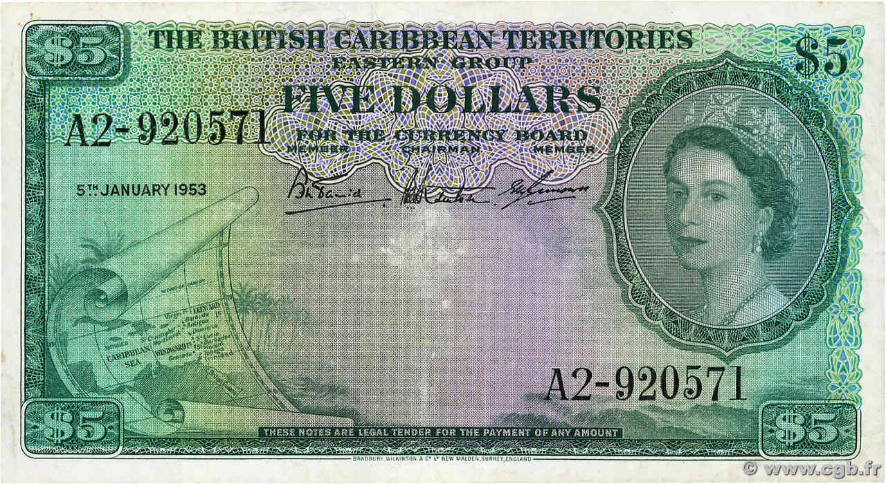 5 Dollars CARAÏBES  1953 P.09a TTB