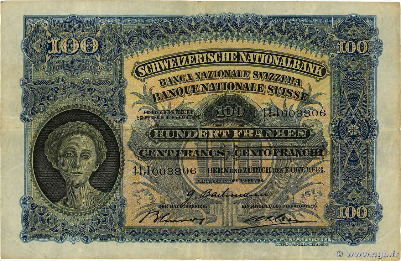 100 Francs SUISSE  1943 P.35p q.BB