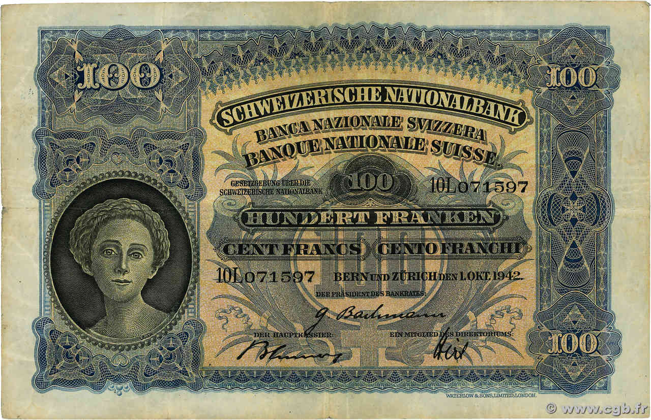 100 Francs SWITZERLAND  1942 P.35n F+