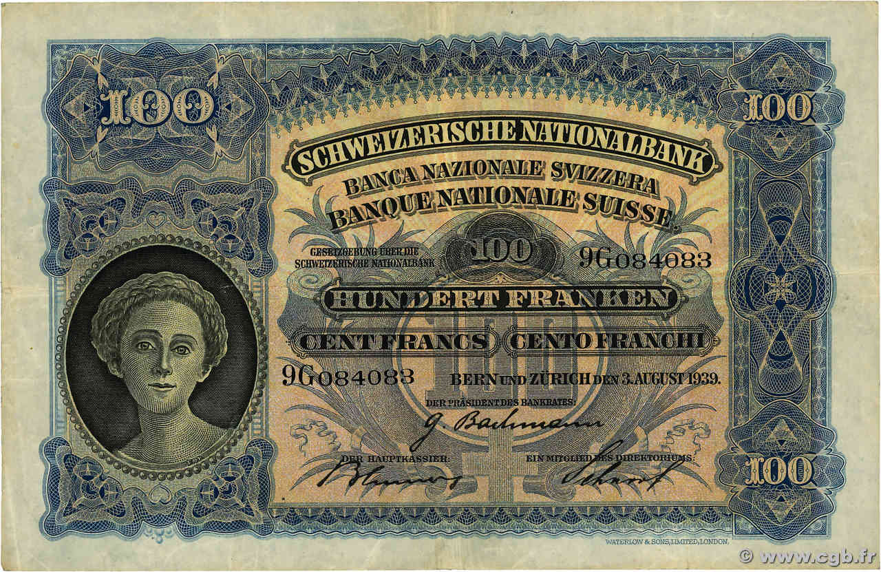 100 Francs SWITZERLAND  1939 P.35l VF-