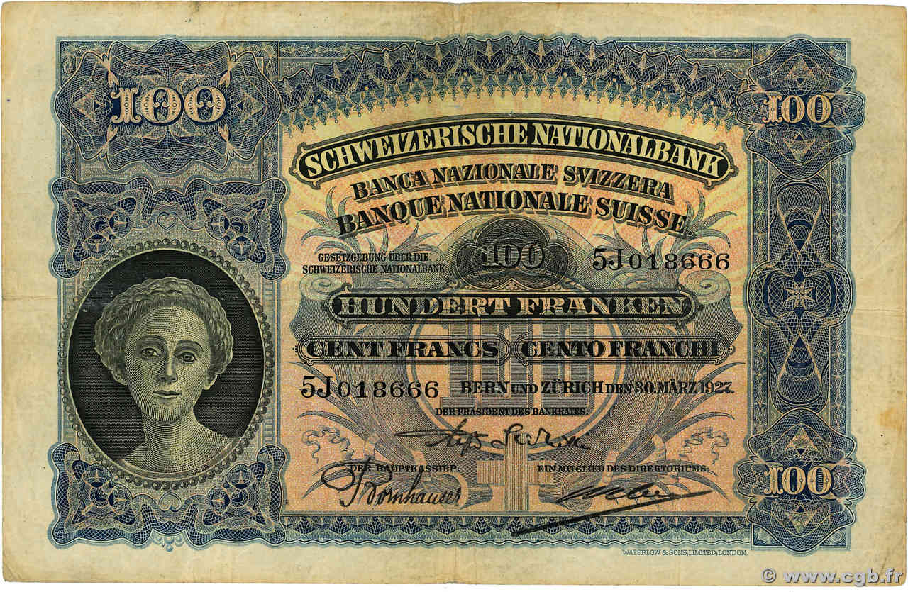 100 Francs SUISSE  1927 P.35c TB