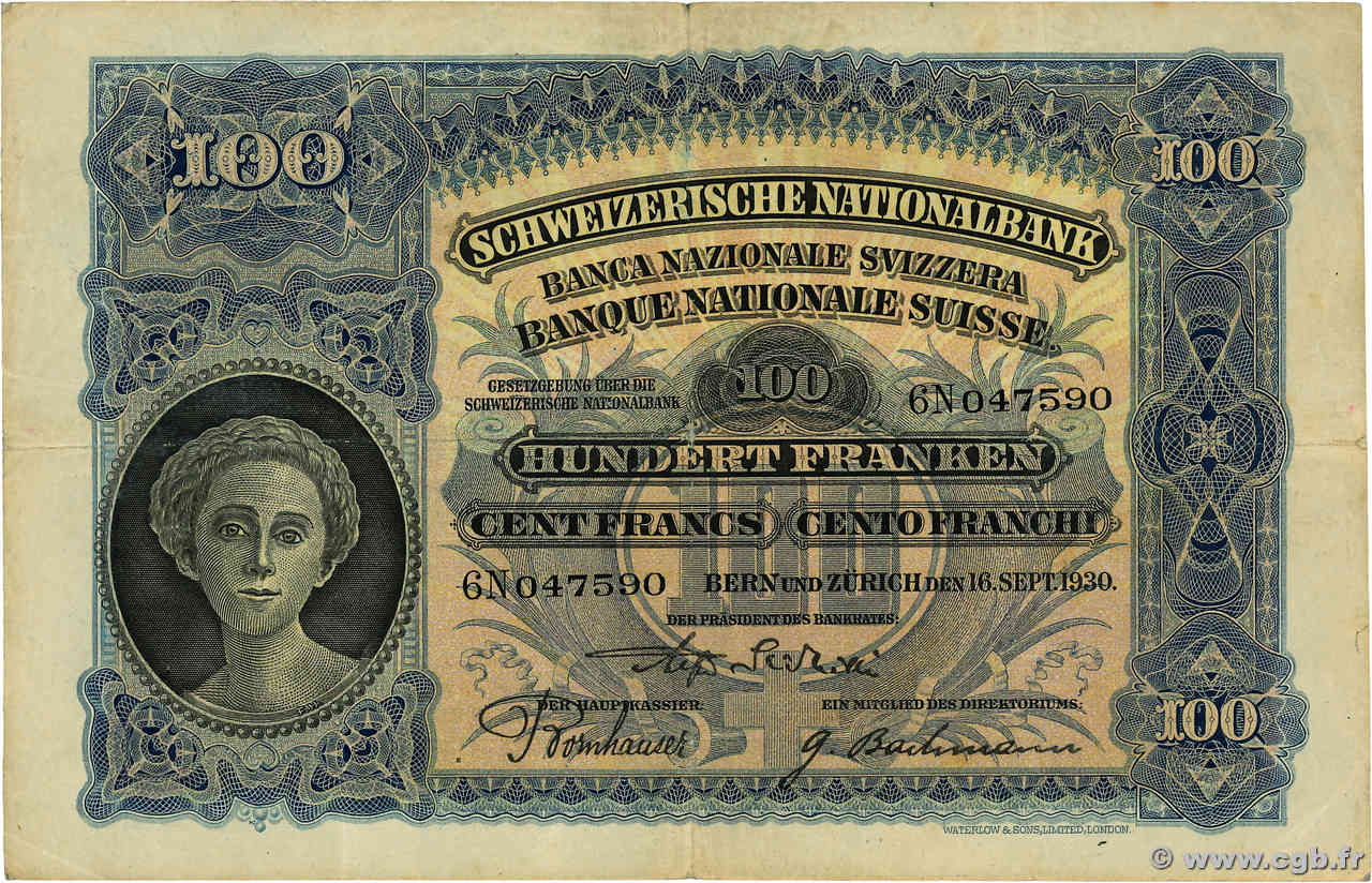 100 Francs SWITZERLAND  1930 P.35f F+