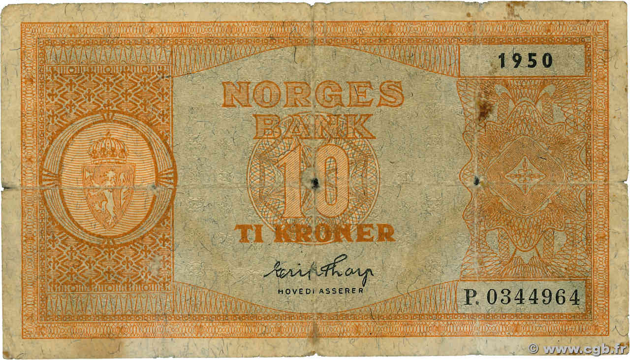 10 Kroner NORVÈGE  1950 P.26l RC+