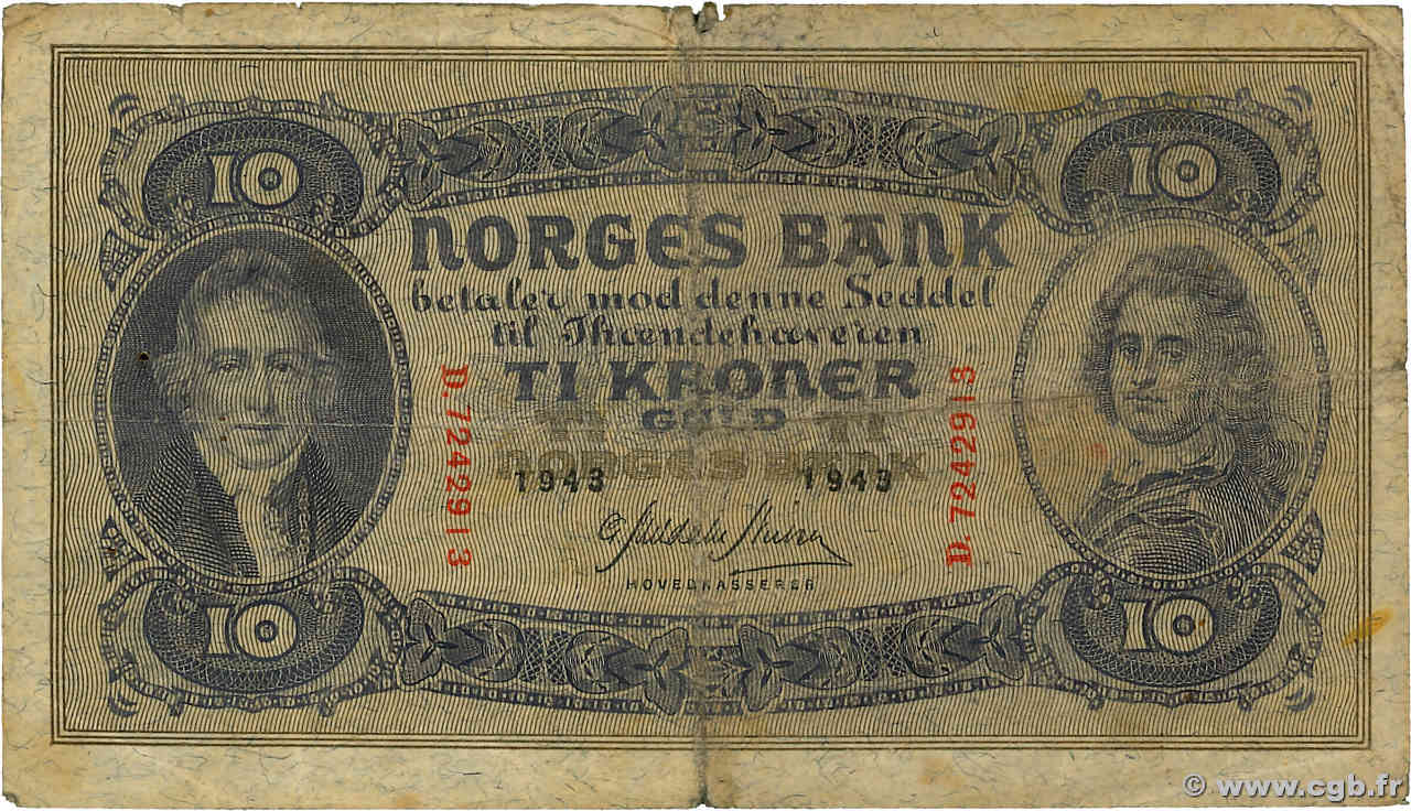 10 Kroner NORVÈGE  1938 P.08c MB