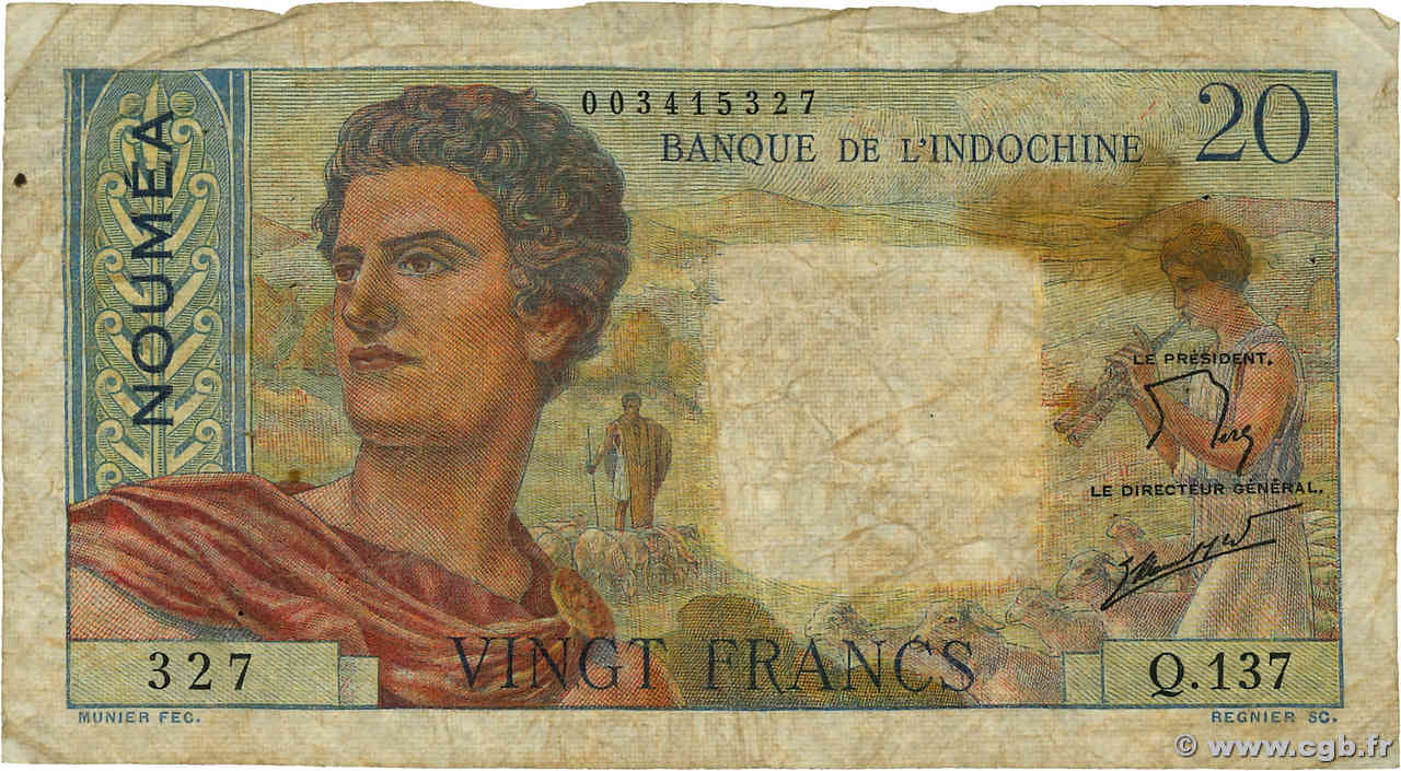 20 Francs NEW CALEDONIA  1954 P.50c VG
