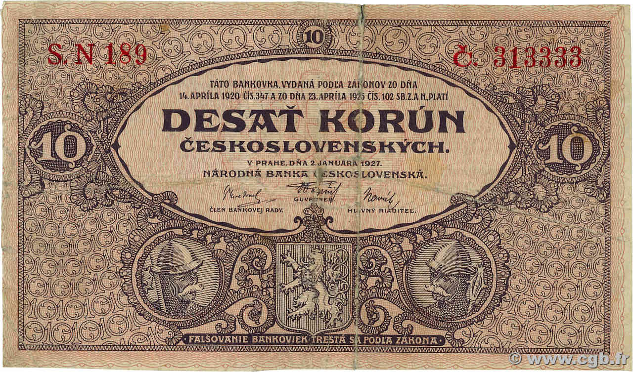 10 Korun TCHÉCOSLOVAQUIE  1927 P.020a TB