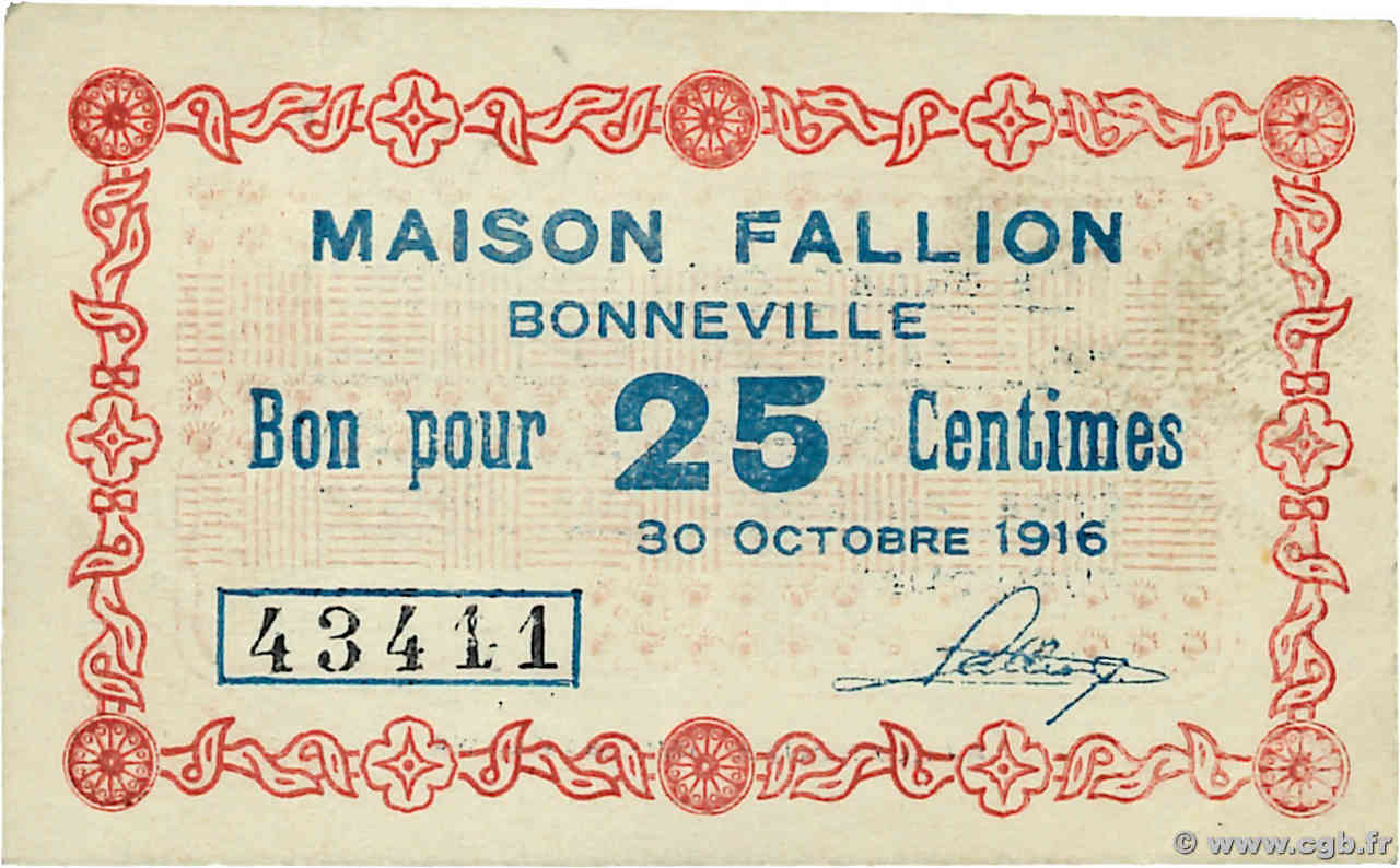 25 Centimes FRANCE regionalismo y varios Bonneville 1916 JP.74-13 EBC+
