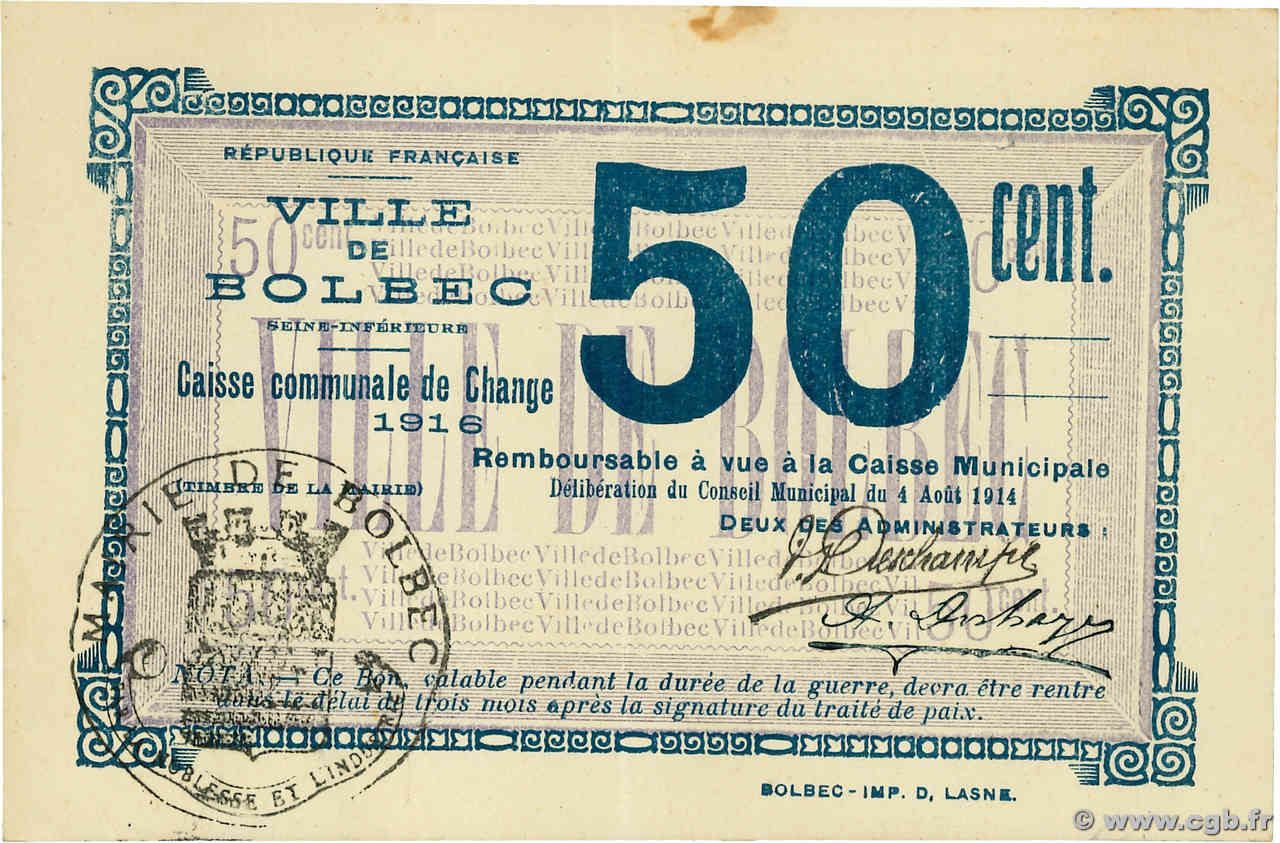 50 Centimes FRANCE régionalisme et divers Bolbec 1914 JP.76-009 SUP