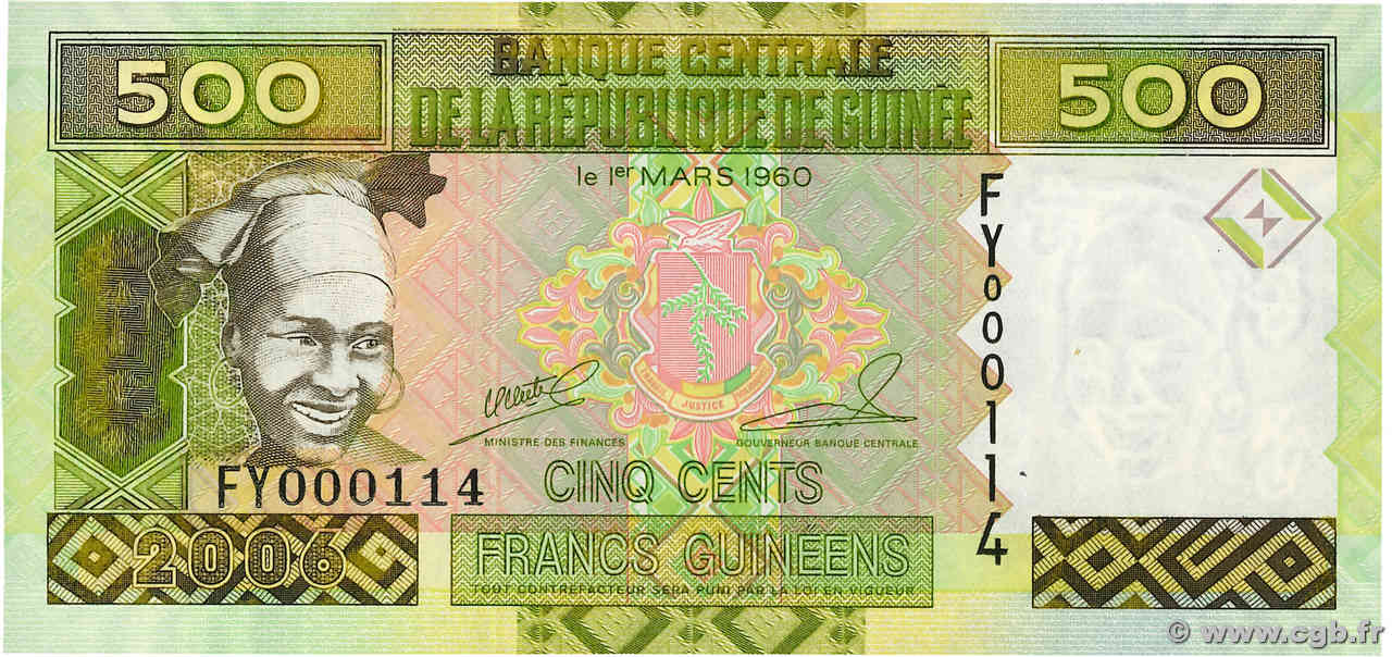 500 Francs Guinéens Petit numéro GUINEA  2006 P.39a UNC