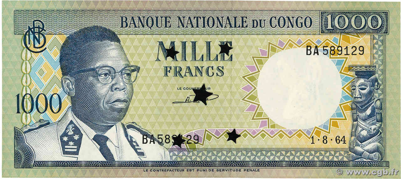 1000 Francs Annulé REPúBLICA DEMOCRáTICA DEL CONGO  1964 P.008a SC+
