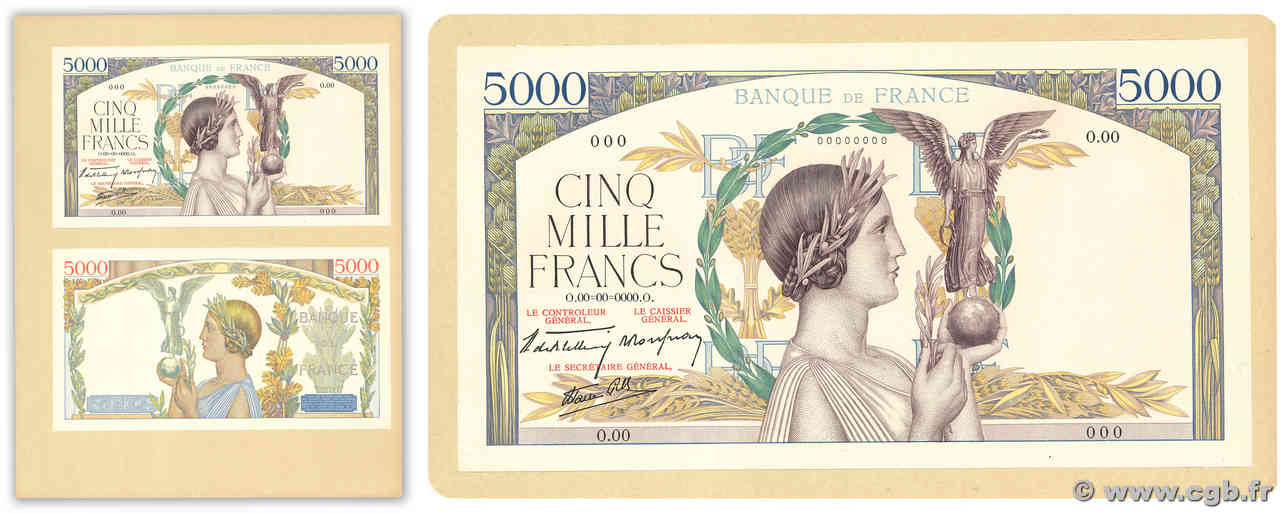 5000 Francs VICTOIRE Impression à plat Épreuve FRANCIA  1938 F.46.00E AU