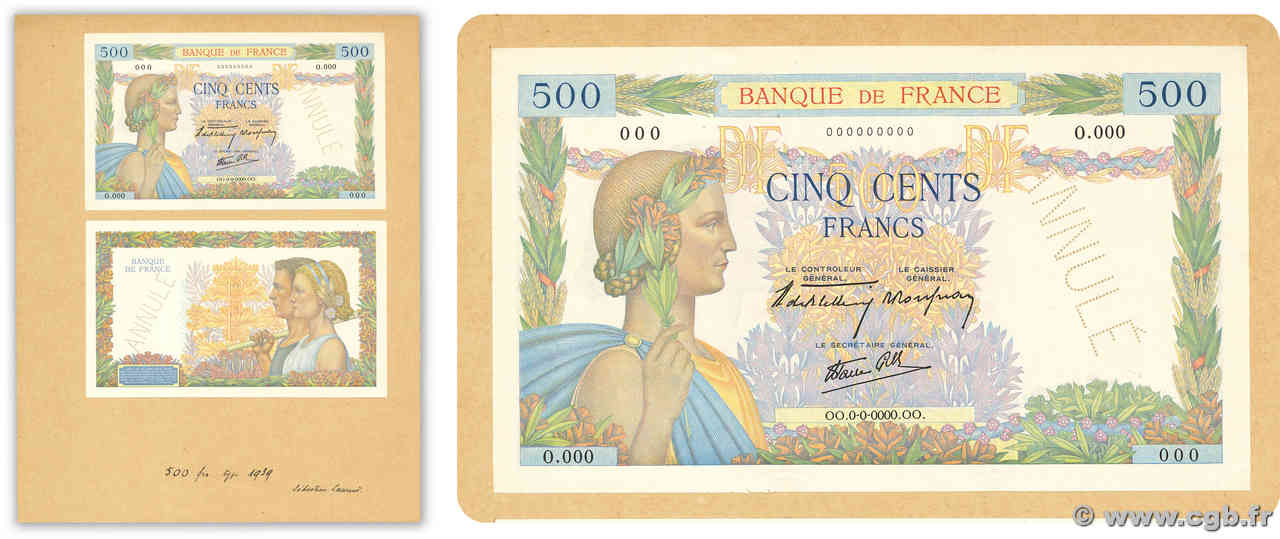 500 Francs LA PAIX Épreuve FRANCE  1940 F.32.00E UNC